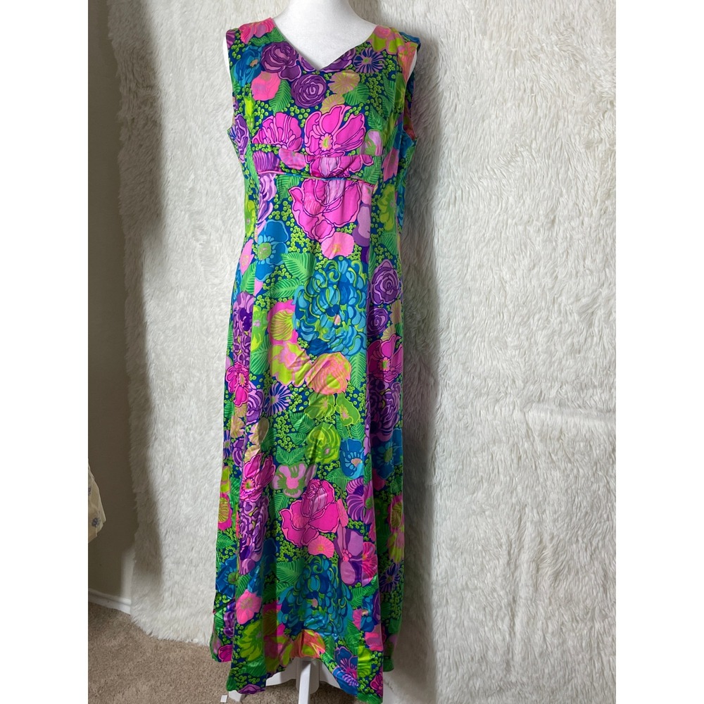 Vintage Jana of Hawaii Carol of Mary Honolulu Floral Maxi Dress Pink Green 14
